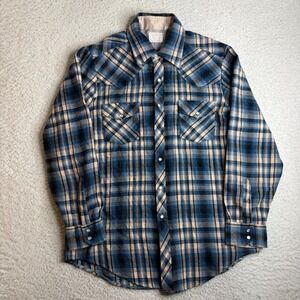 70s Sears Western Flannel Shirt Blue Tan Plaid Pearl Snap Acrylic Mens 16.5
